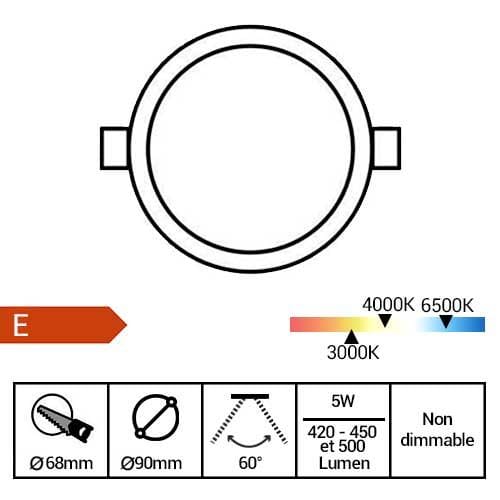 MIIDEX Spot LED encastrable CARAT II orientable 230V 5W 540lm CCT 90mm blanc - fiche technique