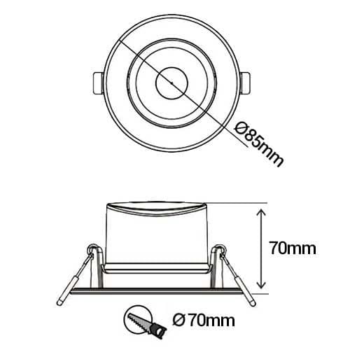 MIIDEX Spot LED encastrable SPARK II orientable 230V 7W 700lm 4000K 85mm blanc - schéma avec dimensions