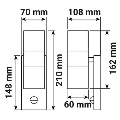 MIIDEX Applique extérieure à détection CLAIRETTE bidirectionnelle IP44 230V GU10 inox 316L - schéma avec dimensions