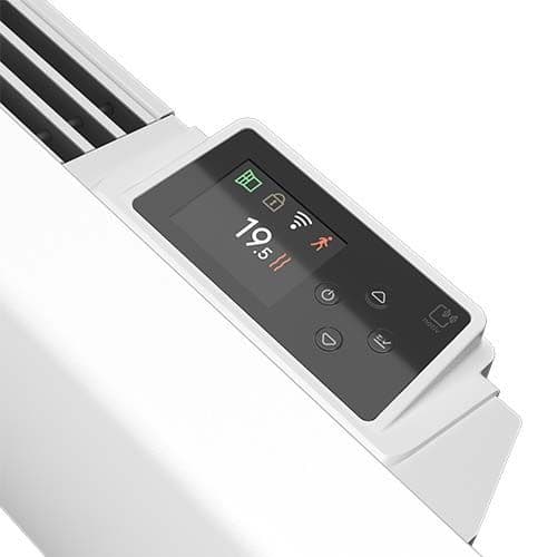 Zoom sur le thermostat du radiateur connecté pierre de lave horizontal blanc 2000W Noirot Caldera 2