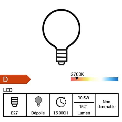 PHILIPS Ampoule LED E27 230V 10,5W(=100W) 1521lm 2700K globe - fiche technique