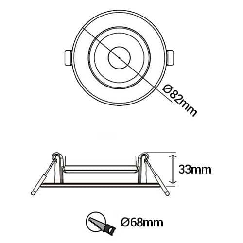 Spot LED BBC encastrable dimmable 230V 6W 515lm CCT 82mm blanc - schéma avec dimensions