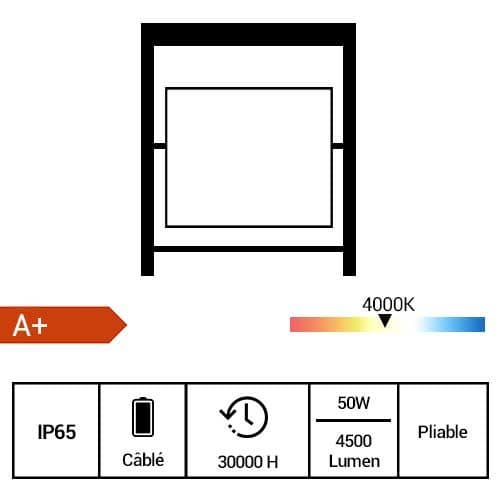 Projecteur de chantier LED extra plat 230V 50W 4500lm 4000°K IP65 - fiche technique