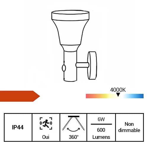 ARLUX Applique solaire LED montante à détection Bastide 6W 600lm 4000K inox - fiche technique