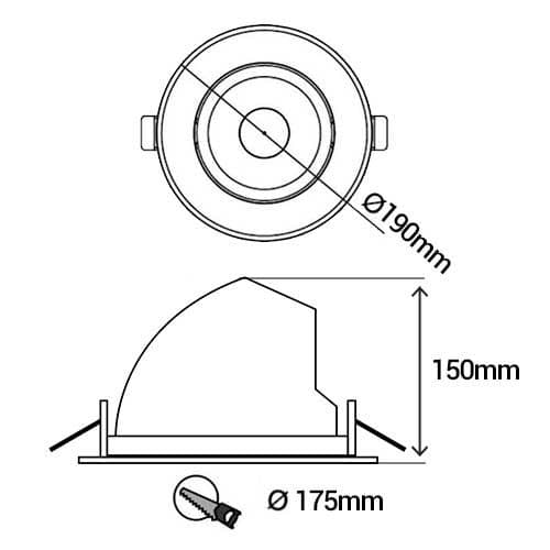 Spot LED escargot encastrable et orientable 230V 35W 3500lm 4000°K blanc - dimensions