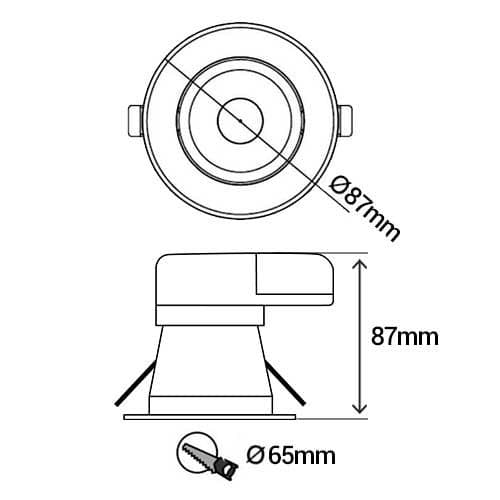 Spot LED87mm  encastrable dimmable 230V 8W 600lm CCT - schéma avec dimensions