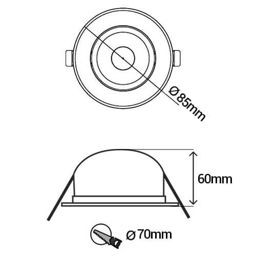 ARLUX Luma spot LED encastrable et orientable IP65 7W 600lm 4000K 85mm acier brossé - schéma avec dimensions