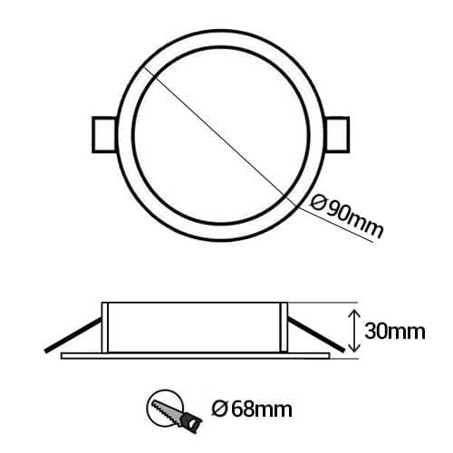 Support de spot rond fixe 90mm avec douille GU10 automatique noir - schéma avec dimensions