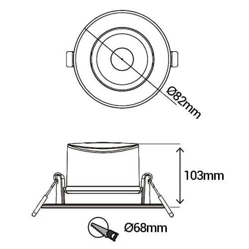 Support de spot encastré fixe rond IP65 82mm noir pour salle de bain - schéma avec dimensions