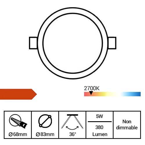 Spot LED encastrable et orientable GU10 230V 5W 380lm 2700K 83mm noir - fiche technique