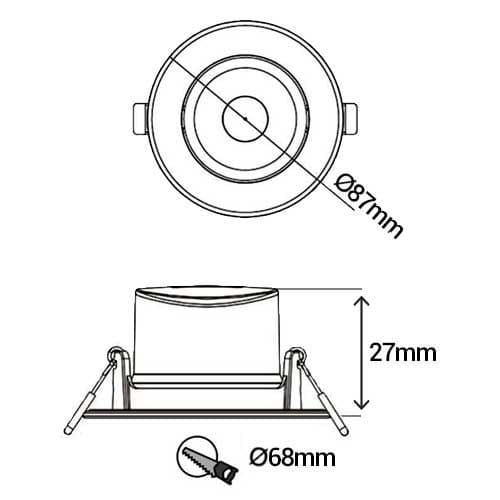 Spot LED BBC encastrable 230V 6W 540lm CCT 87mm blanc/noir/acier - schéma avec dimensions