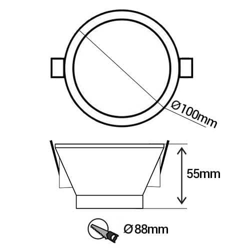 Support de spot basse luminance rond fixe 100mm avec douille GU10 automatique noir - schéma avec dimensions