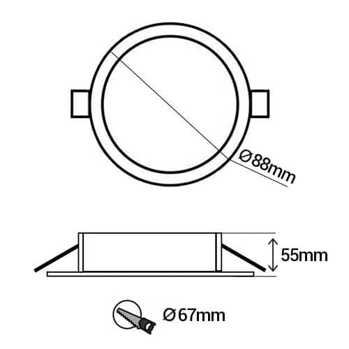 Support de spot rond fixe 88mm avec douille GU10 automatique blanc - schéma avec dimensions