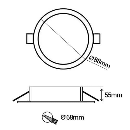 Support de spot rond fixe 88mm avec douille GU10 automatique noir - schéma avec dimensions