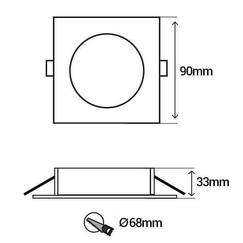 Support de spot carré fixe 100mm avec douille GU10 automatique blanc - schéma avec dimensions