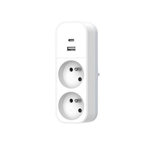 QUARX Multiprise murale Biplite 2 prises 2P+T 16A blanc avec prise USB A et C