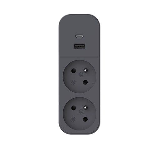 QUARX Multiprise murale Biplite 2 prises 2P+T 16A anthracite avec prise USB A et C - vue de face