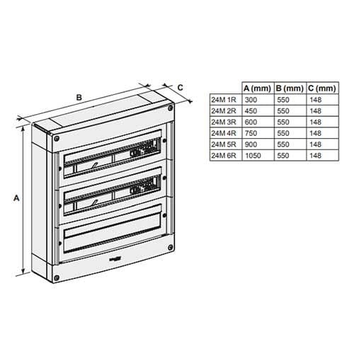 Schéma dimensions tableau électrique nu en saillie 1 rangé 24 modules 125A SCHNEIDER PrismaSeT XS