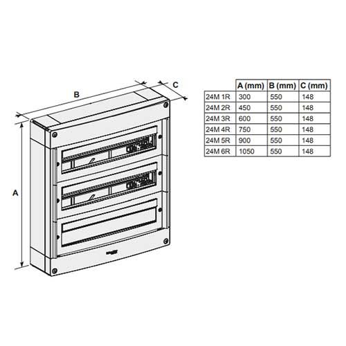 Tableau électrique nu blanc SCHNEIDER PrismaSeT XS 2 rangées 24 modules 125A - schéma avec dimensions du tableau