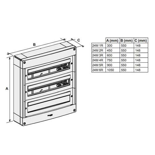 Coffret électrique nu sans porte 4 rangées 24 modules Schneider PrismaSeT XS - schéma avec dimensions