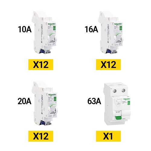 SCHNEIDER Resi9 XE auto 3 X 12 Disjoncteurs Ph+N de 10A - 16A - 20A + 1 Interrupteur différentiel 63A 30mA AC