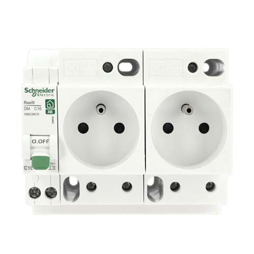 SCHNEIDER Resi9 XE Double Prise modulaire 2P+T combinée 16A auto 6 modules - vue de face