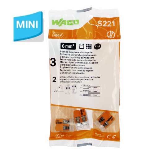 WAGO S221 sachet de 3 mini bornes de connexion rapide 2 entrées fils souples et rigides 0.5 à 6mm²